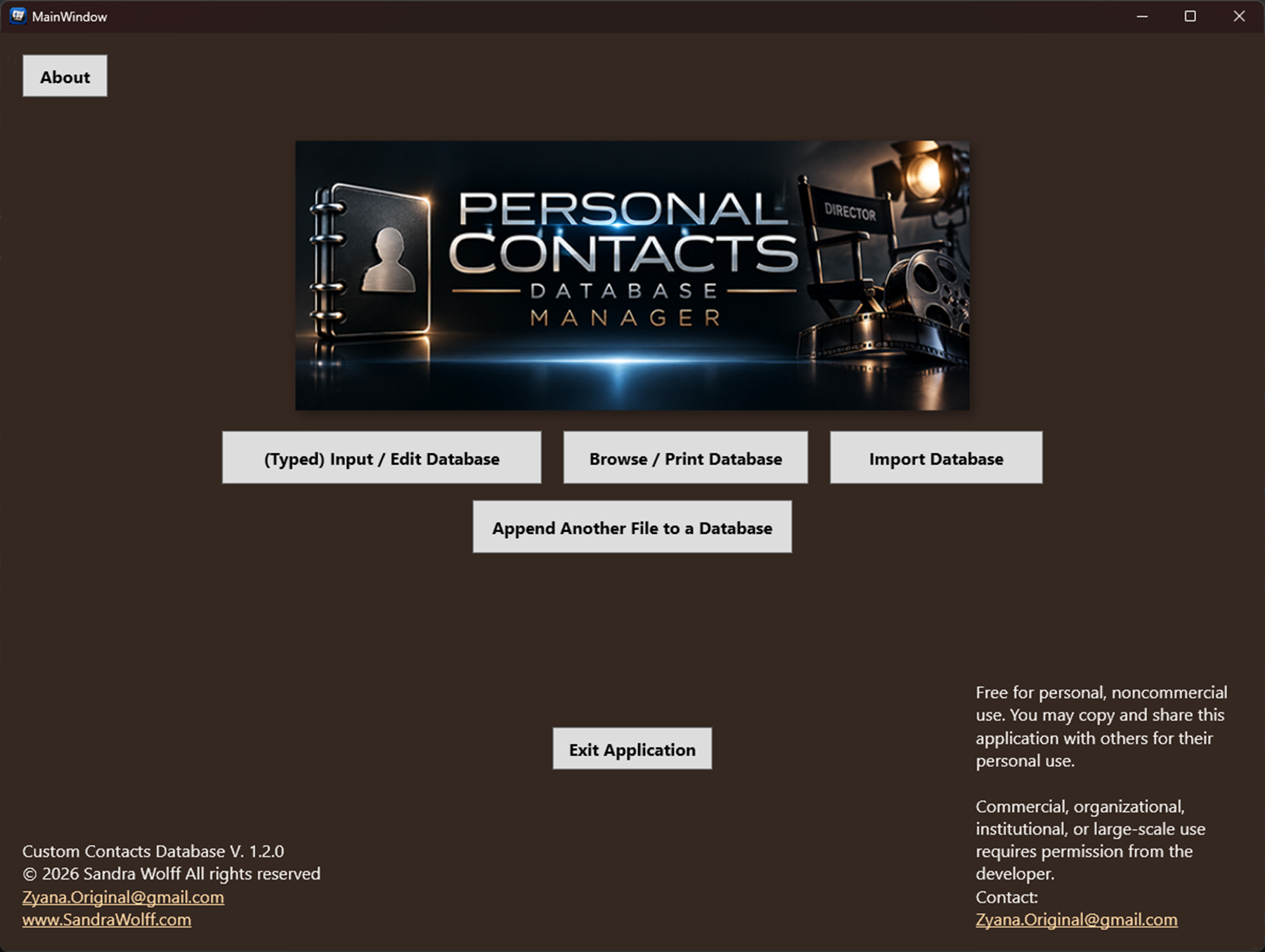Contacts Custom Database main application screen in dark mode