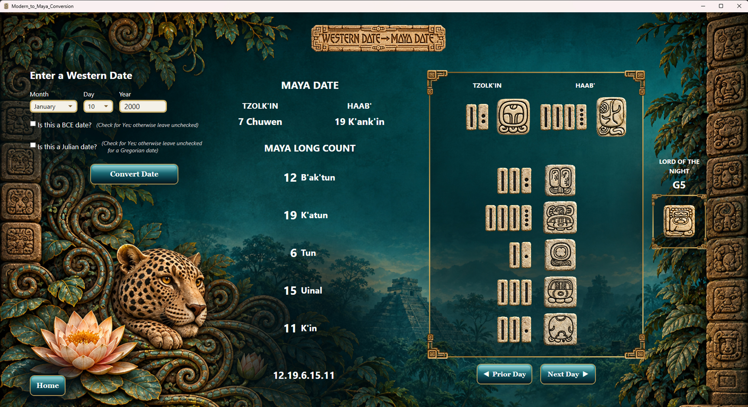 SunStone - Western to Maya Calendar Conversion Screen